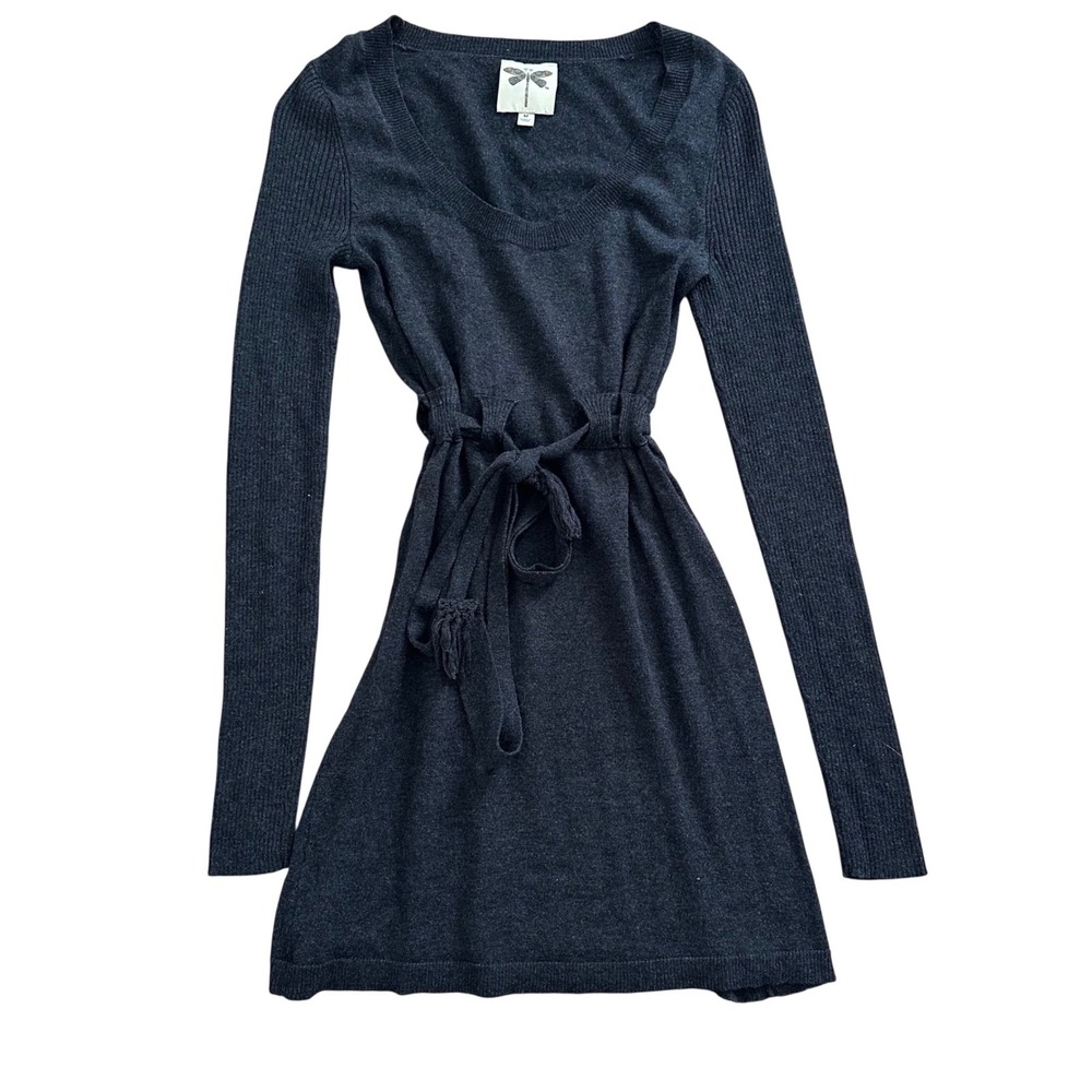 Dragonfly Charcoal Gray V-Neck Long Sleeve Tie Waist Knit Mini Dress Medium